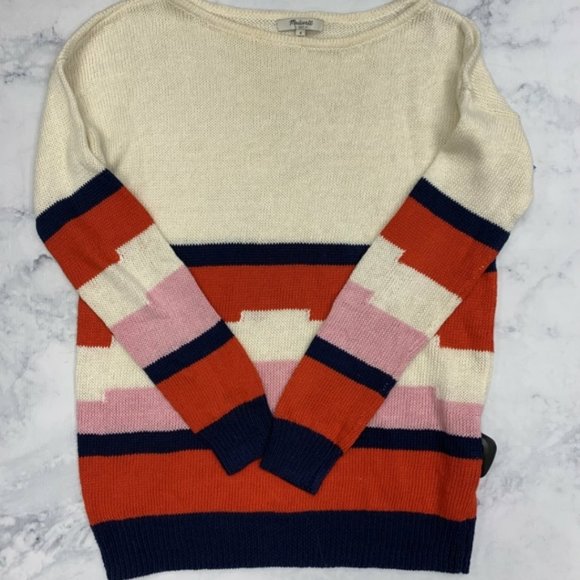 MADEWELL Linen Blockstop Stripe LINEN Aztec Sweater EUC sz S - Picture 3 of 8